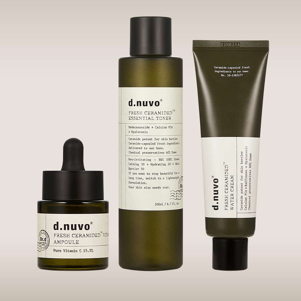 D.NUVO Fresh Ceramided™ Vitamin C Ampoule 18ml + Essential Toner 200ml + Water Cream 80ml 3-Piece Complete Radiance and Barrier Set _ Made in Korea